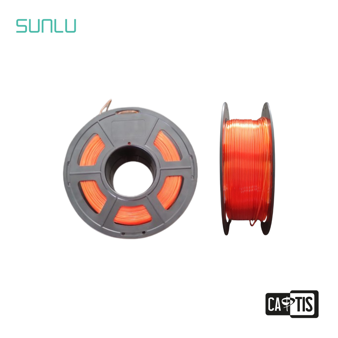 Carrete de filamento PETG marca SUNLU color naranja transparente.